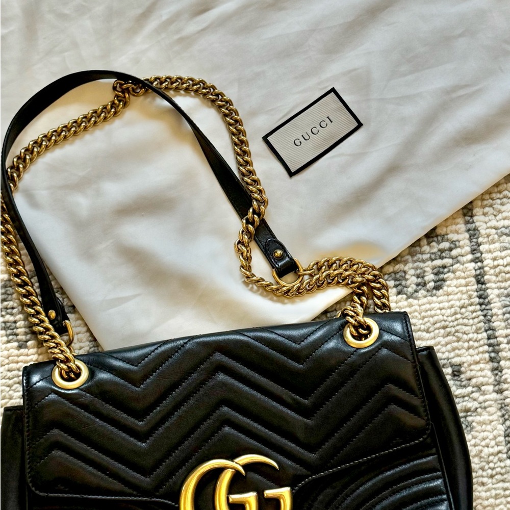 LIMITED EDITION- Gucci Black Quilted Leather Shoulder Bag with Gold Chain-